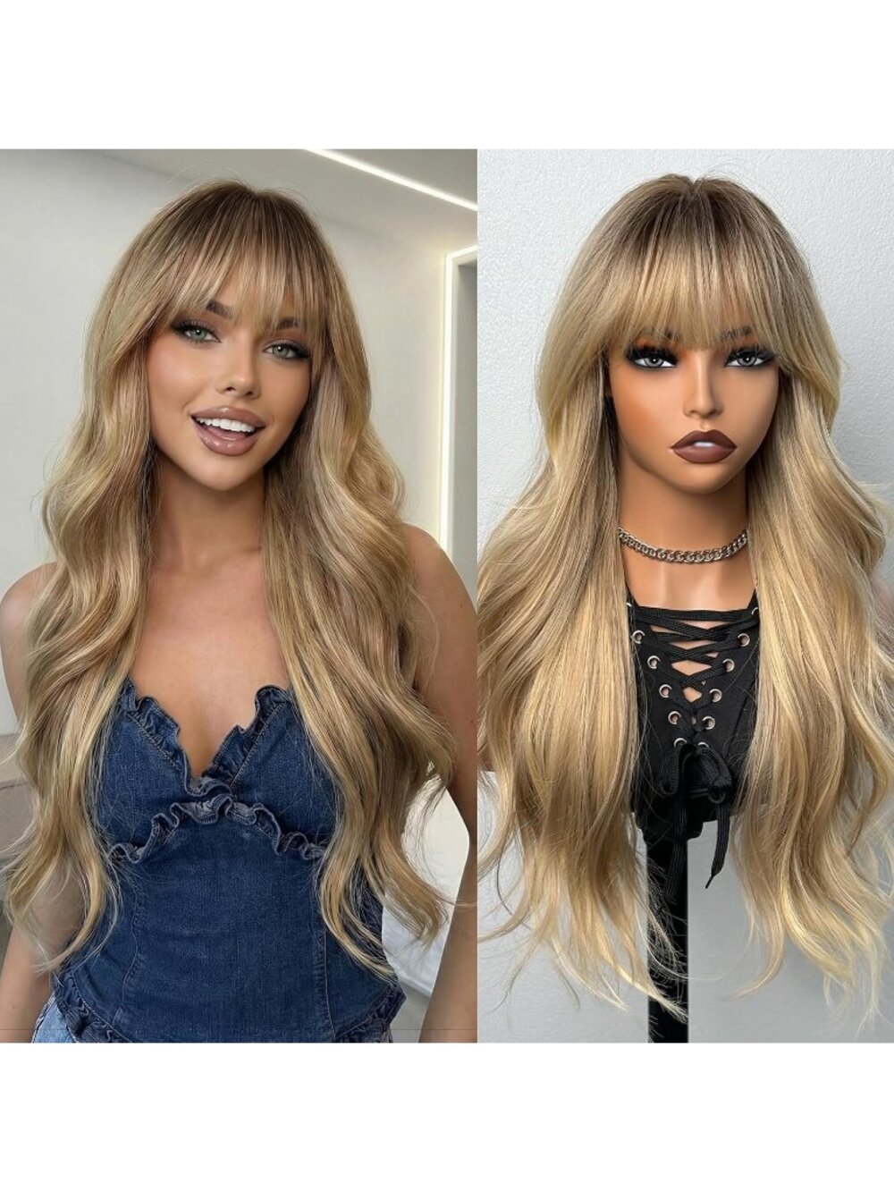 24 Inch Women's Fashion Ash Blonde Soft Long Synthetic Wavy Curly Wig with Bangs